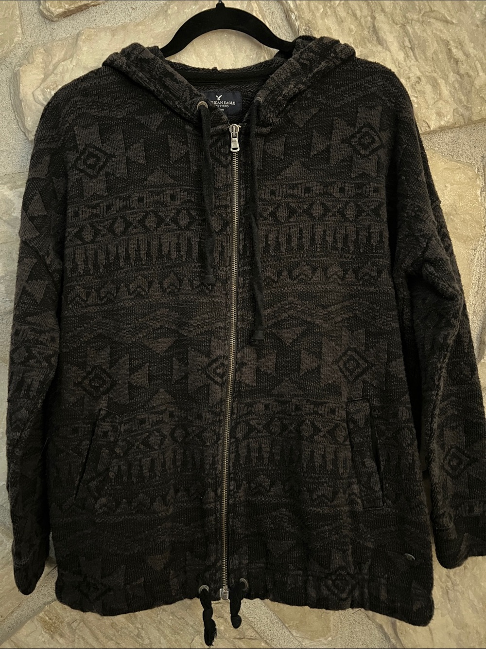 American Eagle Outfitters Women’s Black Patterned Full-Zip Hoodie Sweater